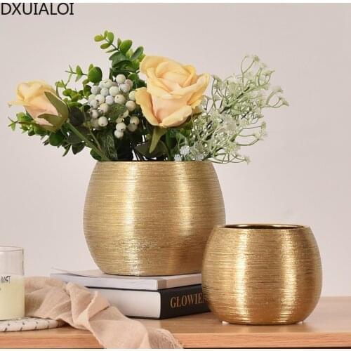 DXUIALOI Simple and Creative Gold-plated Ceramic Brushed Vase Living Room Desktop Succulent Round Flower Pot Home Decoration