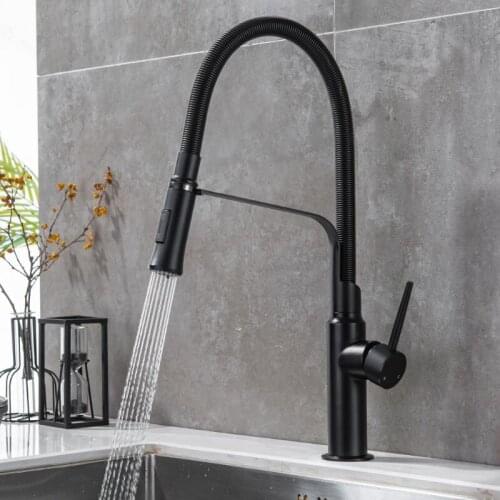 Tuqiu Matte Black Kitchen Faucet Deck Mounted Pull Out Kitchen Mixer Rotation Stream Sprayer Nozzle Kitchen Sink Hot Cold Taps