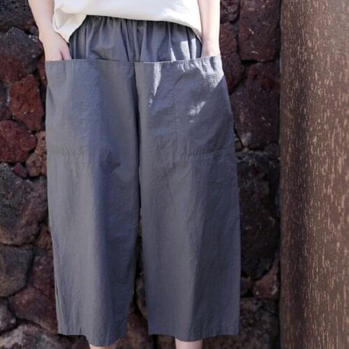 Summer Cotton and Linen Elastic Waist Pocket Loose Womens Cropped Trousers WomenS Pants Summer Pants Woman
