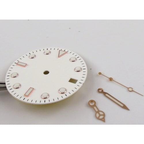 Nologo 28.5mm White Watch Dial fit NH35A Rose Gold Coated Hand Needles Set Luminous Marks