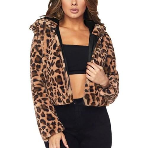 New Luxury Faux Fur Coat Leopard Print Winter Jacket Turn Down Collar Slim Womens Hooded Hoody Casual Outerwear 6Q2373