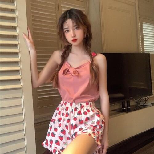 Pajamas for Women Korean Ins Style Strawberry Print Sleepwear Pyjamas Sexy Cute Homesuit Pijamas Summer Sleeveless Kawaii