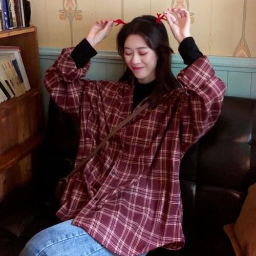 HOUZHOU Plaid Shirts Women Vintage Long Sleeve Cardigan Top Red Black Shirt Korean Fashion Button Up Oversize Beautiful Blouse