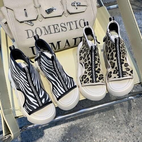 High-top Sandals Female Students Summer New Style Korean Version Zipper Thick Bottom Casual Open Toe Roman Leopard Sandals Women