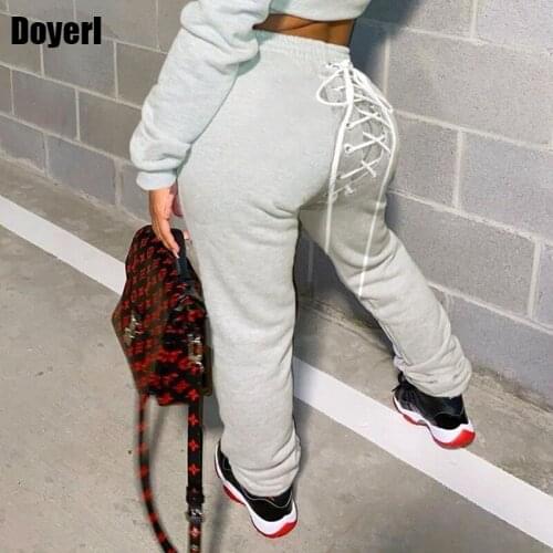 Grey Sweatpants Women High Waist Back Lace Up Casual Pants Joggers Women Trousers Fall Streetwear Elastic Sweat Pants for Women