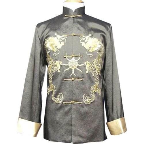 Gray New Traditional Chinese Mens Silk Satin Embroidery Jacket Coat Long sleeve Tang Suit Dragon Size S M L XL XXL XXXL M1010