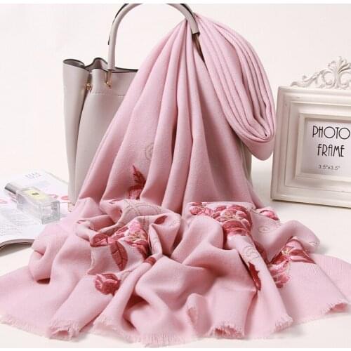 Fine Embroidered Wool Scarf Women Solid Pink Shawls,Wraps for Wedding Echarpe Winter Pashimina Ladies 100% Wool Scarves Hiver