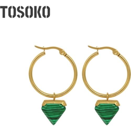 TOSOKO Stainless Steel Jewelry 18 K Gold Female Retro Earrings Triangular Pendant Natural Turquoise Earrings BSF506