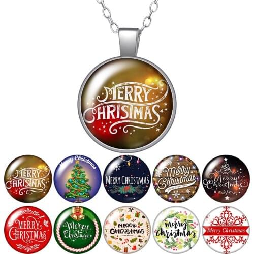 Merry Christmas Tree decorations Round Pendant Necklace 25mm Glass Cabochon Women Girl Jewelry Party Birthday Gift 50cm