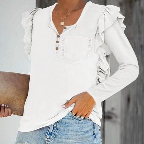 Ruffles Long Sleeve V-neck Tee Shirts Women Casual Office Lady T-shirt Female High Street Fashion Loose Solid Color Tshirt Tops
