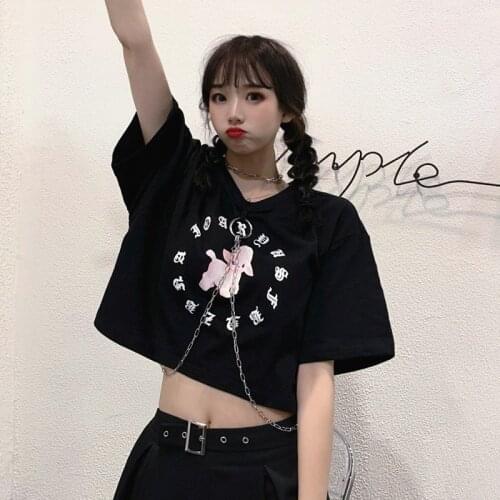 Loose Kawaii Sheep Letter Print Lady Street Tshirt Black Punk Lovley Short Length Girl T Shirt Casual Cool Long Metal Chain Tops