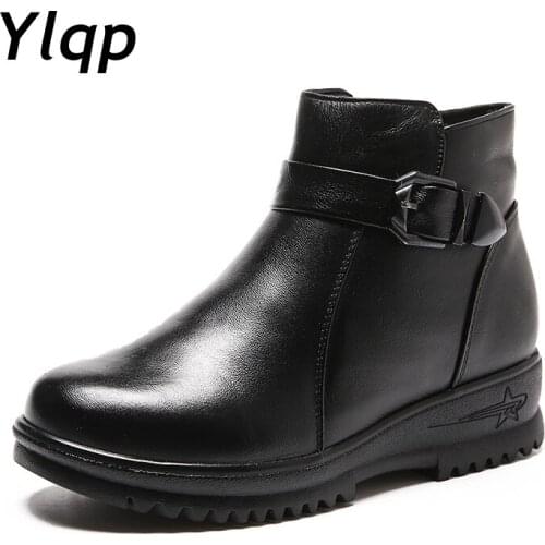 New 2019 Winter Wool Black Snow Boots Fashion Women Genuine Leather Boots Handmade Vintage Flat Ankle Botines Shoes Woman Botas