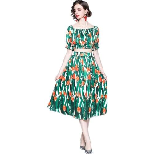 2021 Summer Women Fashion Flowers Print Runway Designer Skirt Suits Sexy Elastic Slim Crop Top And Long Skirt Two Piece Set