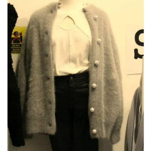 Women Imitation Fur Velvet Knitted Cardigan Pearls Mohair Wool Sweater Single-breasted Long Lantern Sleeved Jacket Tops 2018