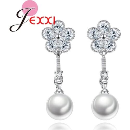 1 Pair Classic Luxury Wedding Charm Jewelry Elegant Crystal Flower Pearl Drop Earings For Women Engagement Gift