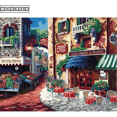 New 5D Diy Diamond Painting Full Square Rhinestones Cross Stitch Shops and Flowers Mosaic Diamond Embroidery Garden Decoration