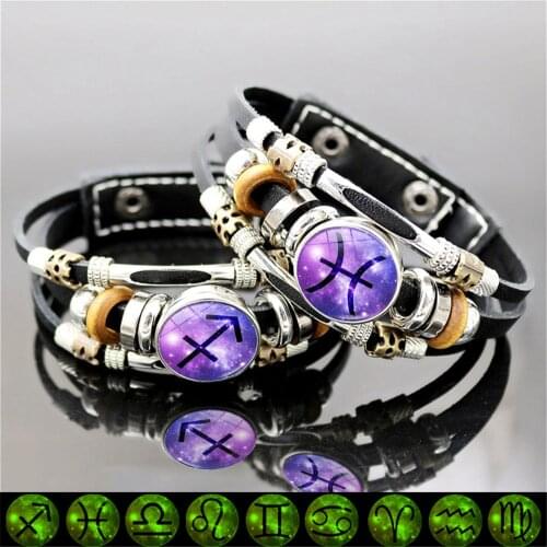 Glow In The Dark 12 Constellation Bracelet Zodiac Signs Jewelry Luminous Scorpio Aries Button Multilayer Weave Leather Bracelet
