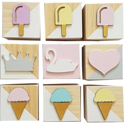 6x6x6CM Nordic Wooden Crafts for Children Kids Room Decorations Pink Swan Love Heart Wood Block Toy Nursery Photo Props Supplies