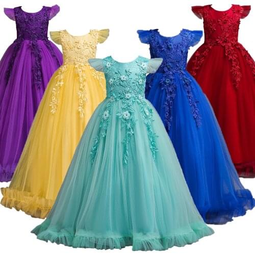 4-15 Years Kids Dress For Girls Wedding Tulle Lace Long Girl Dress Elegant Princess Party Pageant Formal Gown For Teen Children