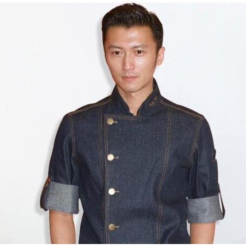 Men Denim Cotton Short&full Sleeve Chef Tops Uniform with Apron Set Oil Proof Food Service Kitchen Restaurant Cook Work Wear