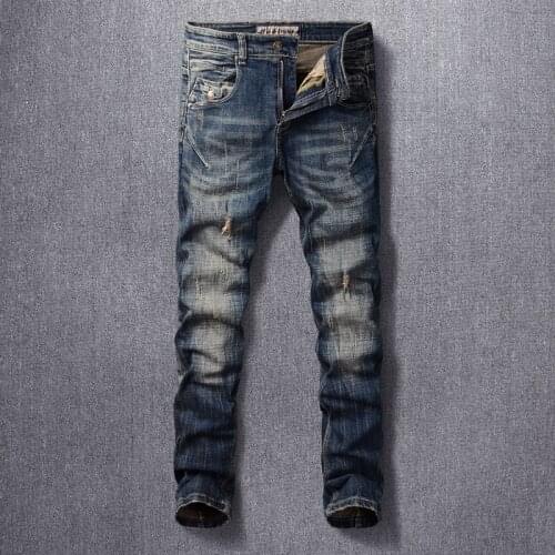Fashion Streetwear Men Jeans Elastic Cotton Retro Black Blue Patchwork Hip Hop Pants Vintage Designer Slim Ripped Jeans For Men