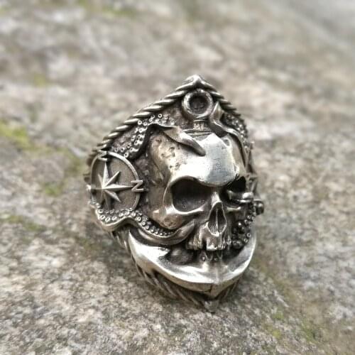 EYHIMD Pirate Anchor Compass Biker Rings Mens Gothic Skull Stainless Steel Ring Punk Rock Jewelry