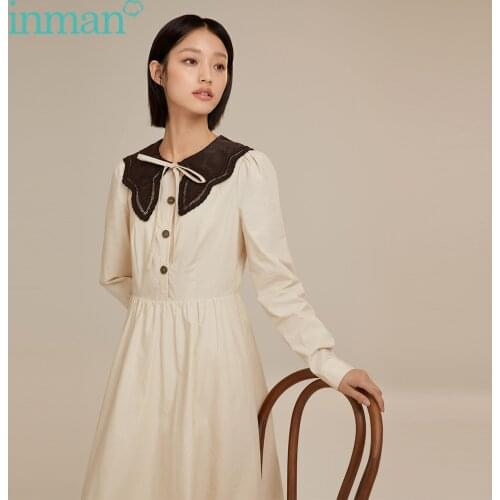 INMAN Autumn Spring Womens Dress French Elegant Style Hollow Lace Lapel Bow-Knot Tether A-Line Long Sleeve One-Piece