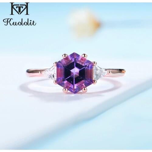 Kuololit 585 rose gold hexagon Natural Amethyst Gemstone Ring for Women 925 Sterling Silver Green amethyst Topaz Moonstone Ring