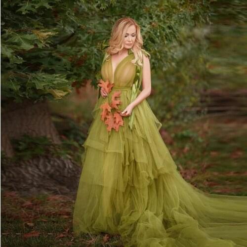 Pretty Army Green Long Robe Maternity Dresses Sexy V Neck Tiered Tulle Pregnanty Women Dress for Photoshoot Baby Shower Robes