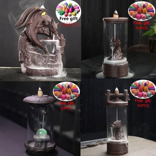 20Cones Chinese Dragon Incense Burner Ceramic Waterfall LED Light Incense Cones Holder Aroma Censer With Acrylic Windproof Cover