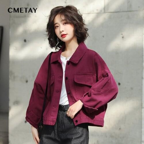Women Jackets 2021 Autumn New Outwear Denim Coat Solid Color Lapel Casual Jackets Red Khaki Blue Loose Short Tops Female