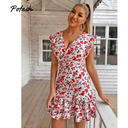Pofash Floral Print Ruffle Summer Dress Women V Neck Hollow Out Backless Sexy Mini Dresses Mujer Holiday Bodycon Vestidos 2021