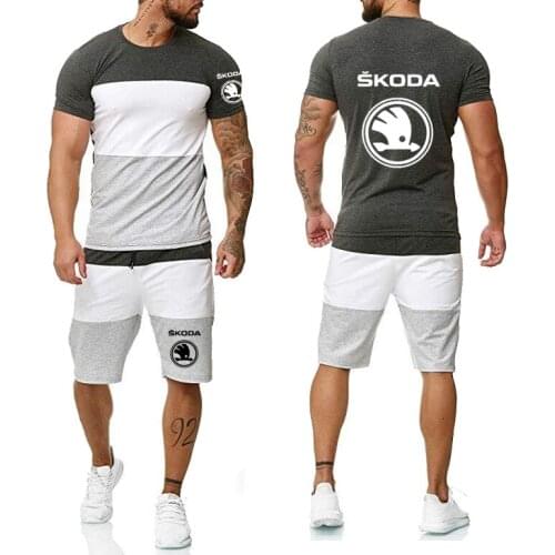 2021 Summer Mens short sleeve Skoda Car logo Printed high quality Cotton Fashion Casual T-Shirt Pants Suit 2Pcs H