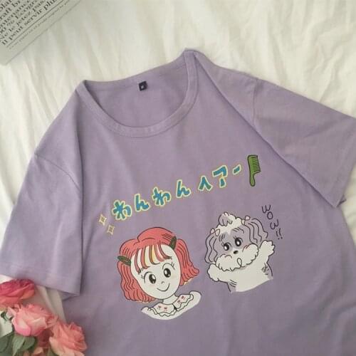 Super Cute Girl and Puppy Japanese Summer Style Cotton T-Shirt Loose T Shirt Clothes Cute Women Casual Short Sleeve Tshirt Tops