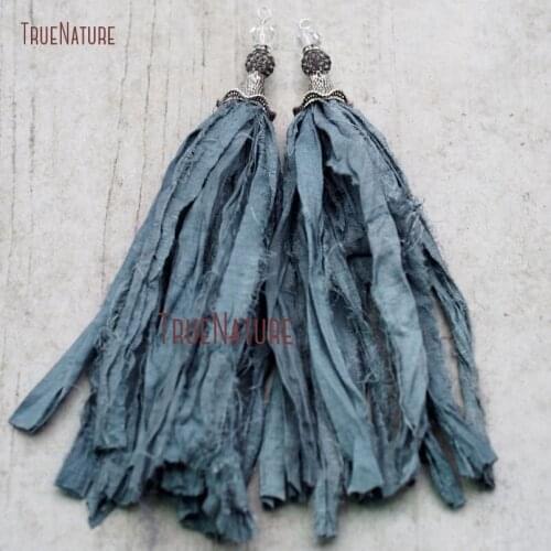 New Silver Storm Gray Sari Silk Tassel Pendant Rhinestone Bead Pave Ball Crystal Quartzs Tassel Jewelry In 6.8 inch PM8975