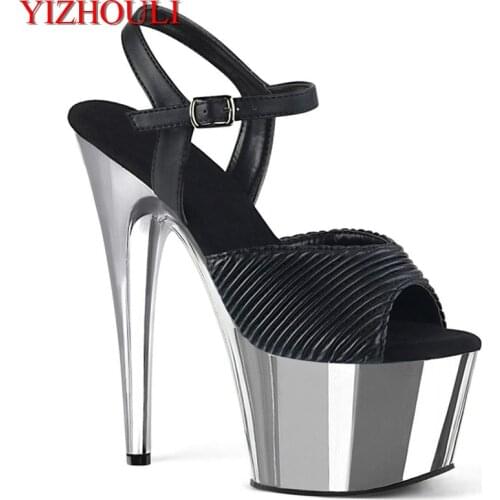 Sexy summer sandals, 17 cm silver plated stiletto heels at model nightclub, striped vamp pole dancing shoes