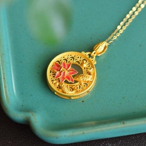 S925 Sterling Silver Gold-Plated Inlaid Hetian Jade Lotus Pond Moonlight Pendant Can Be Worn on Both Sides Ancient Silver Inlaid
