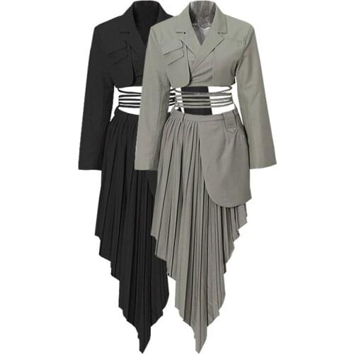 Chic Unique Criss-cross Strap Short Blazer Top and Irregular Pleated Skirt Unique Fashion Clothing Set