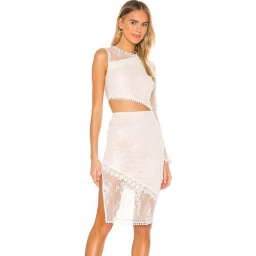 Nightclub Party Sheath Dress Fashion Bandage O Neck Sexy One Shoulder Lace Dresses White Elegant Hollow Out See Through Vestidos