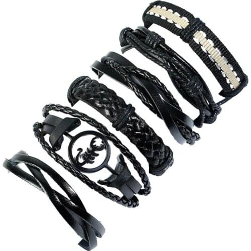 Vintage Fashion Black Rope Leather Bracelets Men Women Scorpio Scorpion Charm Braided Handmade Wristbands Bangle Wrap Retro Gift