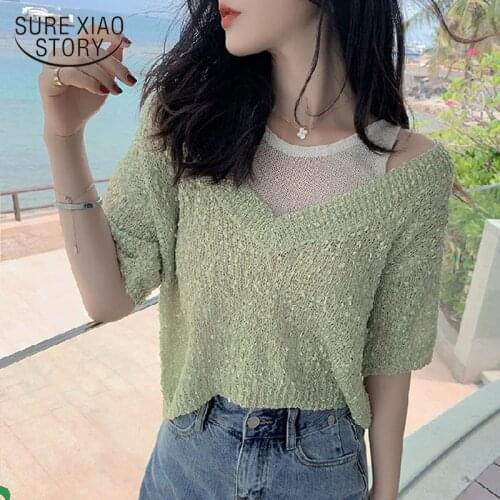 Summer Splice Two-Piece Short-Sleeve Top Korean Loose V-neck Cutout Knitted Blouse Women Thin Pullover Short Blouse Fashion 9775