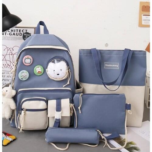 4 Pcs Set Harajuku Women Laptop Backpack Canvas School Bags For Teenage Girls Kawaii College Student Kids Book Bag Rucksack 2022