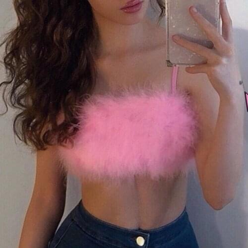 Womens Sexy Spaghetti Strap Feather Crop Top Sleeveless Solid Color Mini Camisole Fluffy Plush Bralette Party Clubwear