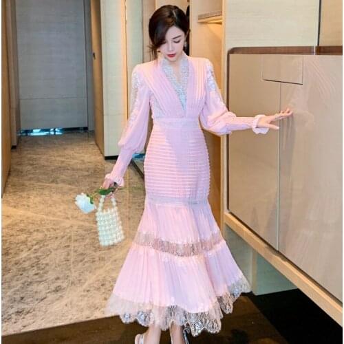 Runway Luxury Boho Elegant Dresses Women Midi Dress Party Long Sleeve Spring 2021 A Line High Waist Embroidery Lace