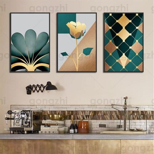 Golden Green Gradient Rose Abstract Canvas Painting Wall Pictures for Living Room and Bedroom Nordic Decoration Art Posters