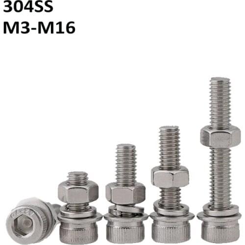 304 Stainless Steel Hexagon Hex Socket Cap Head Screws A2 Allen Bolt With Nuts Washers Combination Screw M3-M16