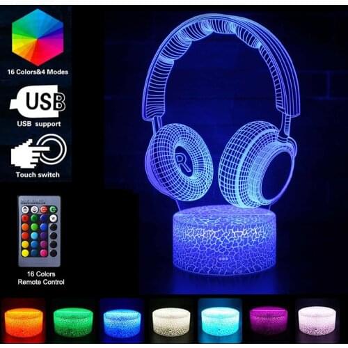 3D Headphone Design Night Light LED 16 Colors Romote Control Table Lamp For Set Up Gamer Decor Child Kids Toys Christmas Gifts