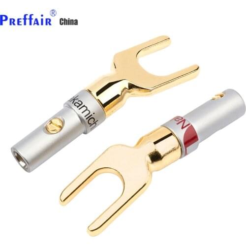 Free shipping 8pcs Speaker Spade Fork Nakamichi Gold Plated Banana Plug Double Screw Lock