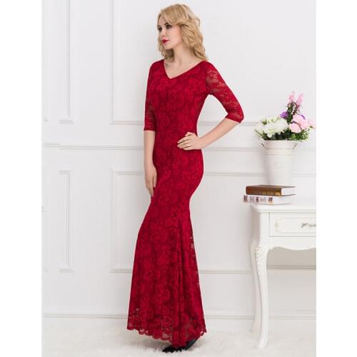 Lace Long Dress for Women 2XL Big Size 3/4 Sleeve Empire Waist Party Dress Elegant Bridesmaid wine red Maxi Dresses V1057