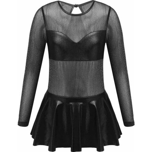 Kids Long Sleeve Mesh Splice Gymnastics Jumpsuit Ballet Leotard for Girls Figure Skating Dress Performance Modern Dance Costumes